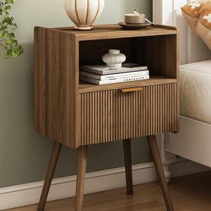 Modern Bedside Table with Storage Drawer and Open Wood Shelf